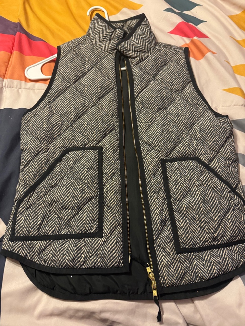 J. Crew Black & White Herringbone Quilted Vest with Gold Zip